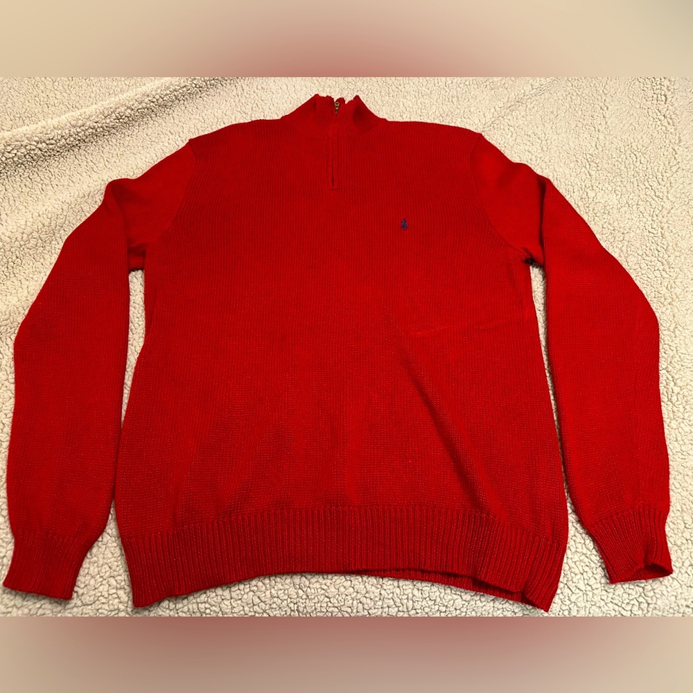 Ralph Lauren Polo Men’s Red 1/4 zip Mock Neck Sweater, Red, Size L